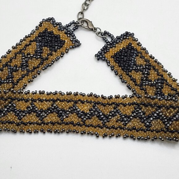 Vintage Beaded Wide Choker Gold Platinum & Black Glass Seed Beads 1" x 14.5" - Picture 2 of 11